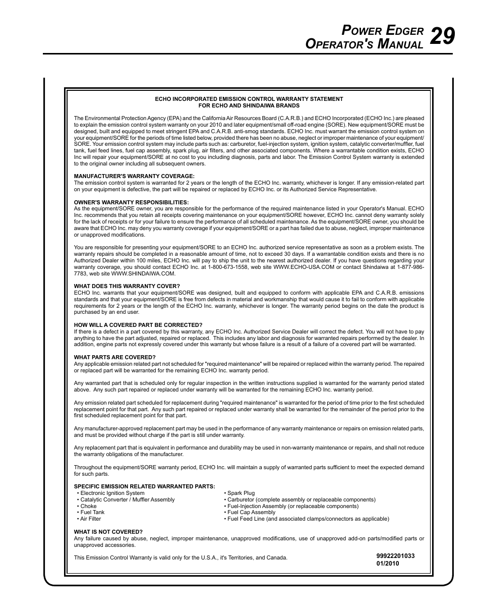 Ower, Dger, Perator | Anual | Echo PE-225 Serial S78712001001 - S78712051200 User Manual | Page 29 / 32