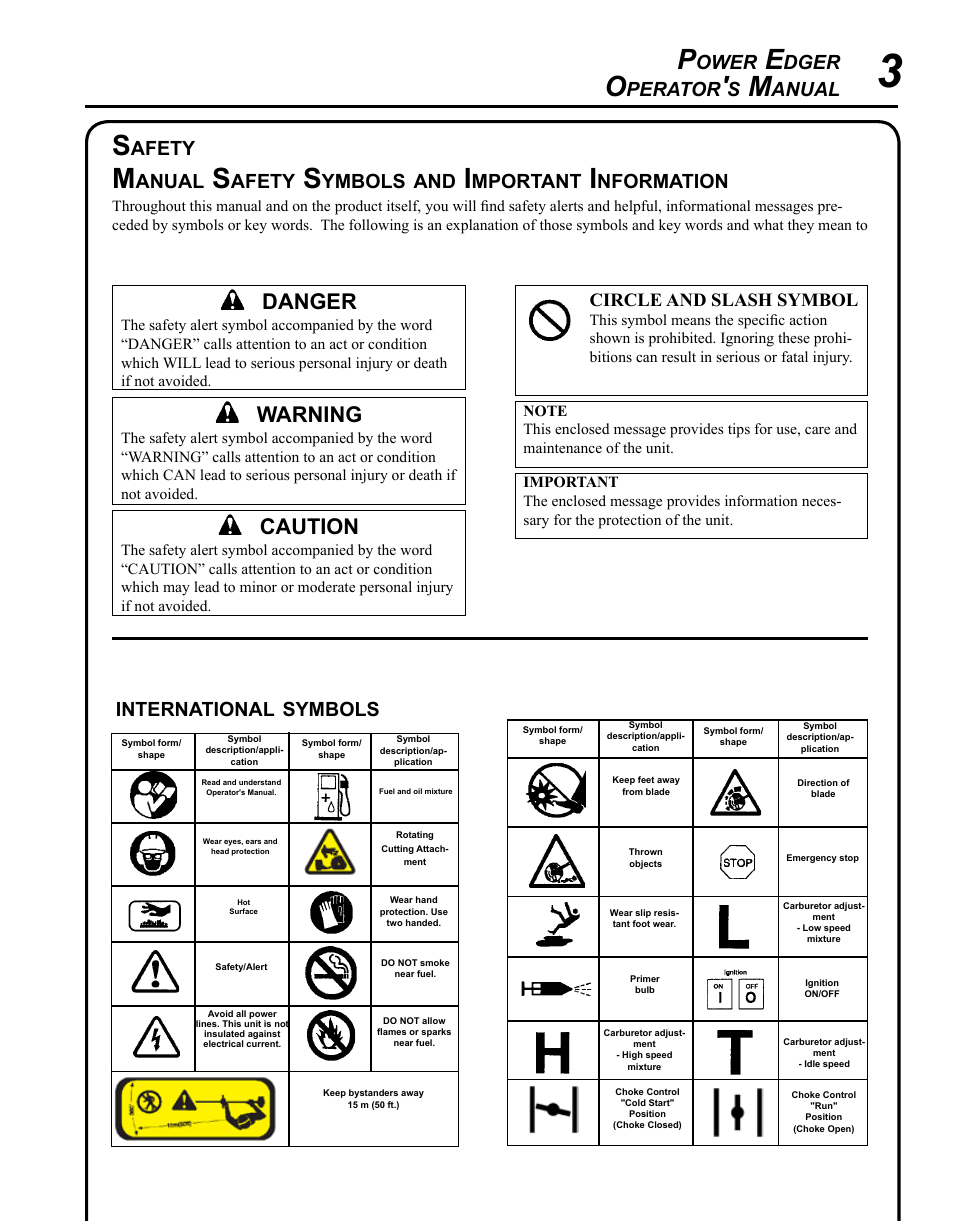 Safety, Warning, Caution | Danger, Ower, Dger, Perator, Anual, Afety, Ymbols | Echo PE-225 Serial S78712001001 - S78712051200 User Manual | Page 3 / 32