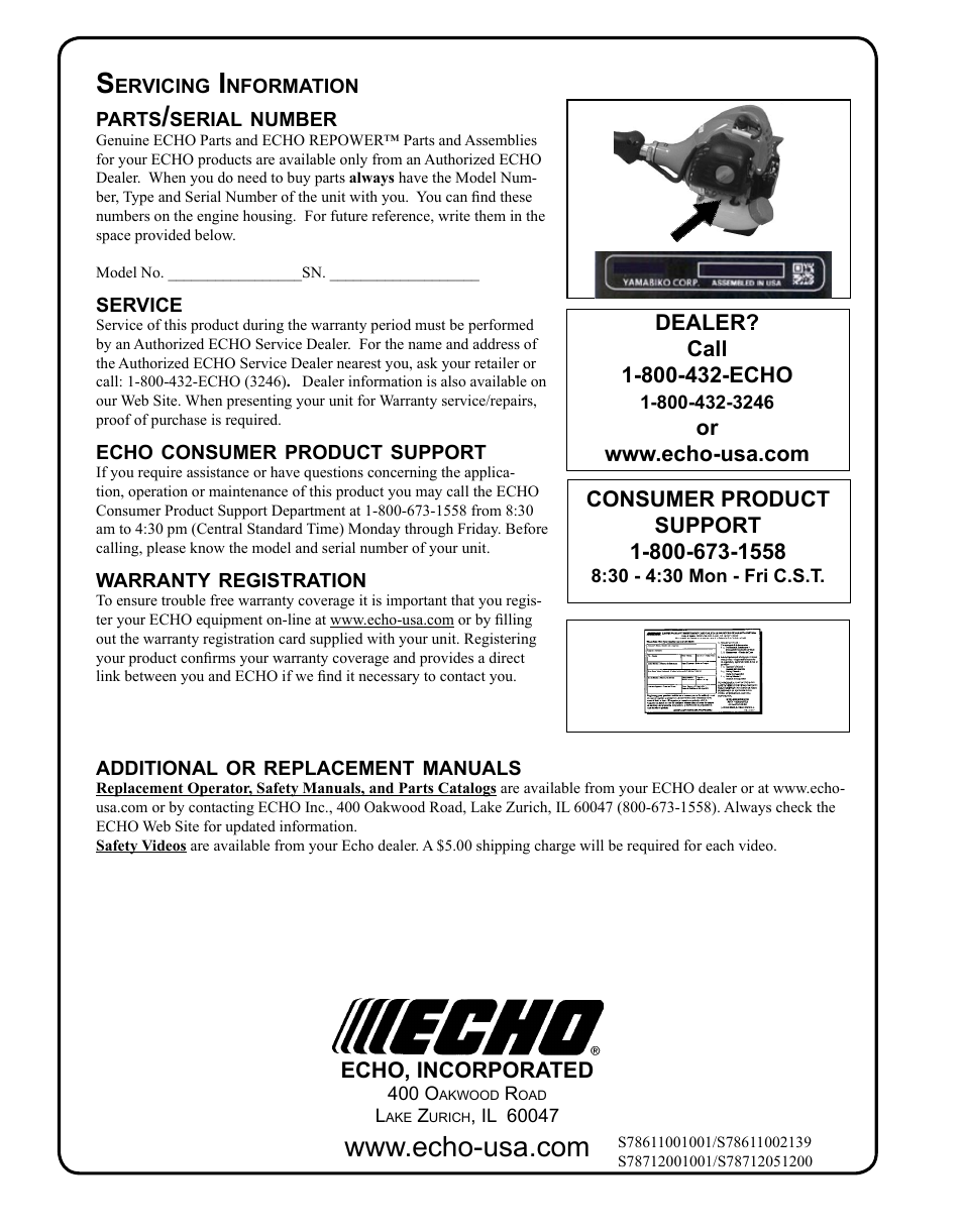 Servicing information | Echo PE-225 Serial S78712001001 - S78712051200 User Manual | Page 32 / 32