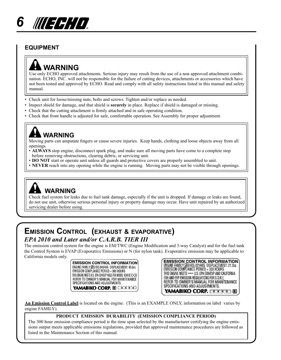 Emission control (exhaust & evaporative), Warning | Echo PE-225 Serial S78712001001 - S78712051200 User Manual | Page 6 / 32