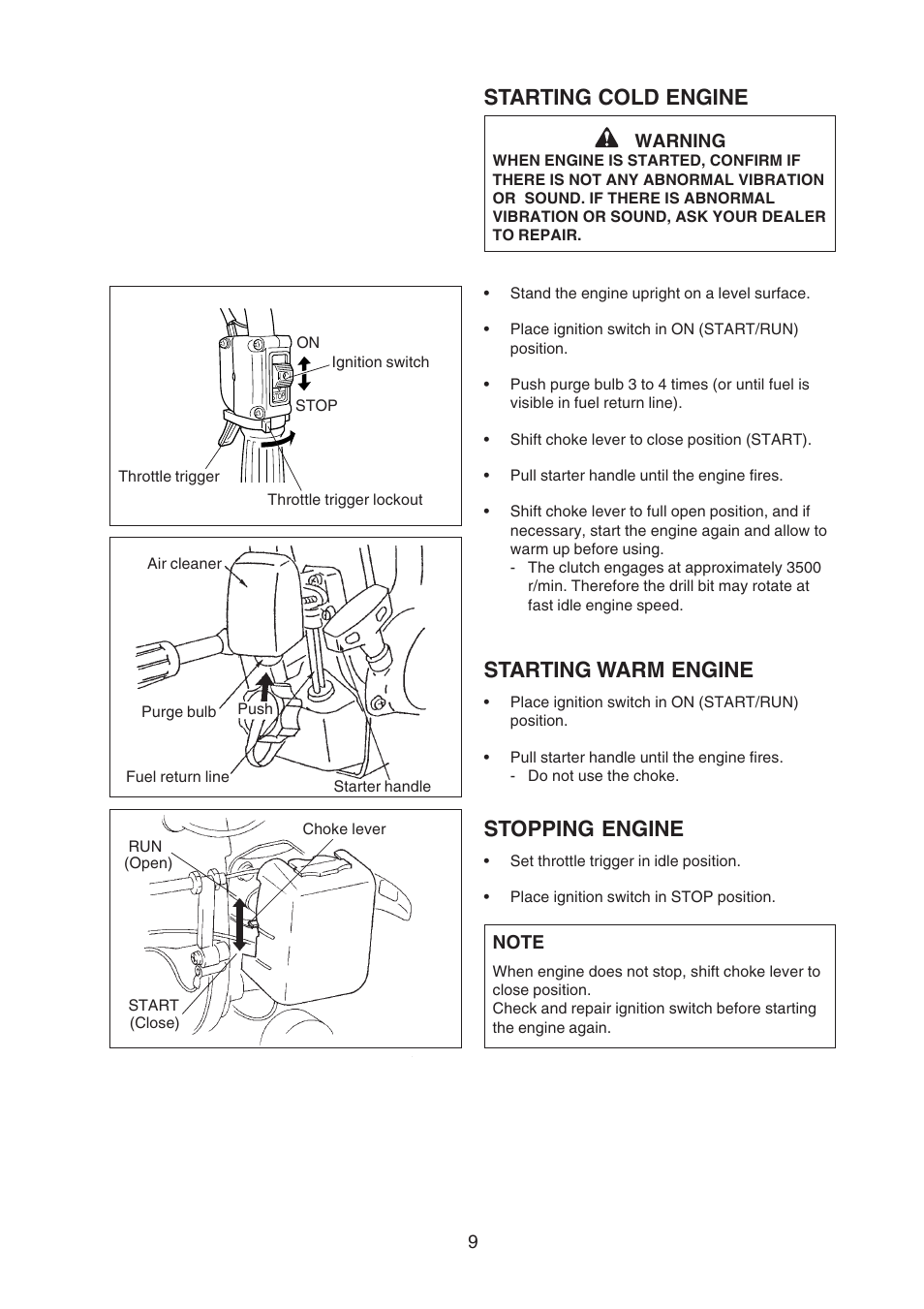 Starting cold engine stopping engine, Starting warm engine | Echo EDR-210 User Manual | Page 11 / 20