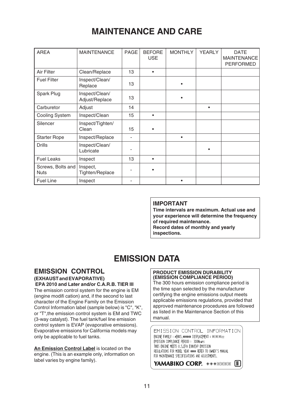 Maintenance and care, Emission data, Emission control | Echo EDR-210 User Manual | Page 13 / 20