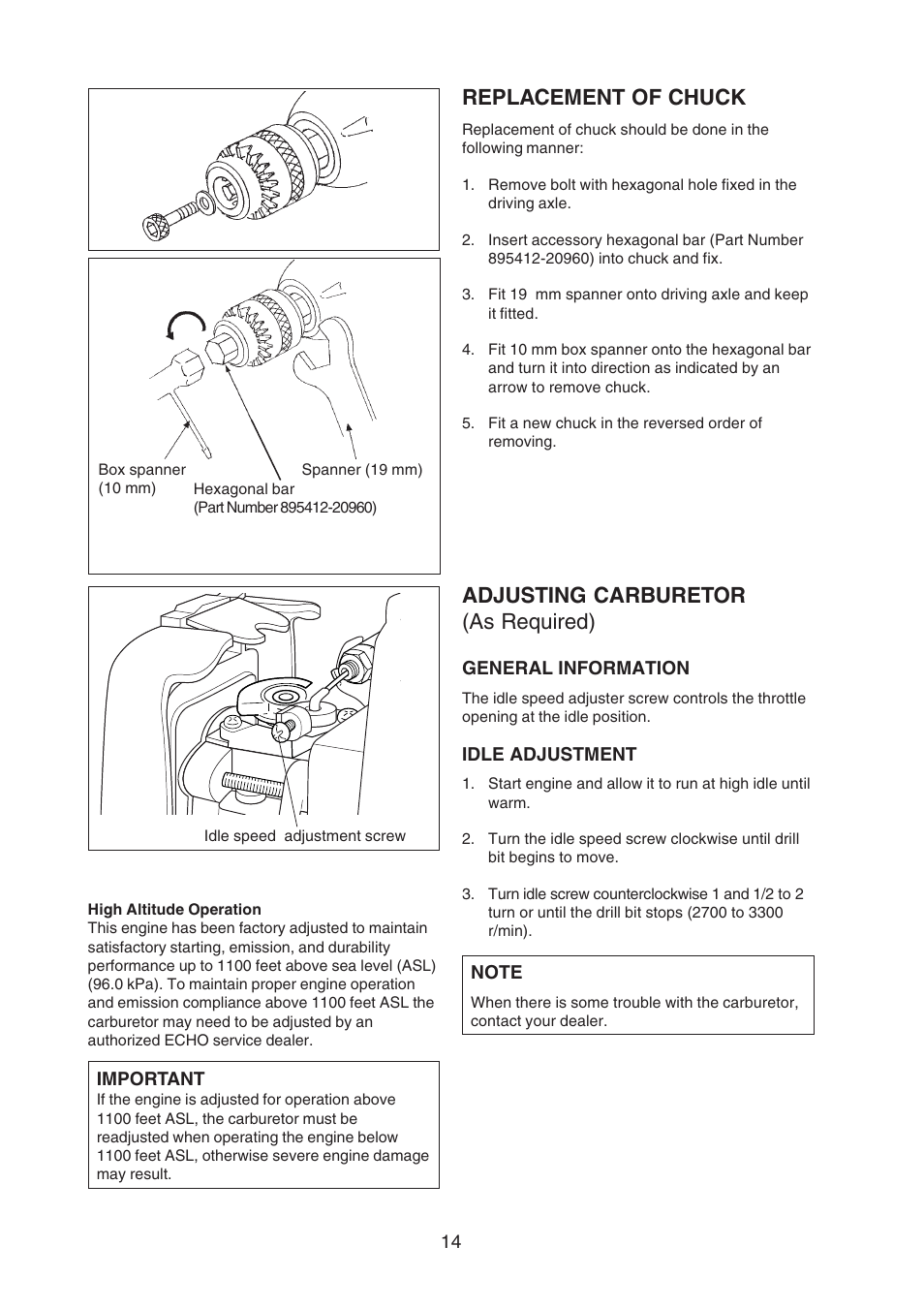 Adjusting carburetor (as required), Replacement of chuck | Echo EDR-210 User Manual | Page 16 / 20