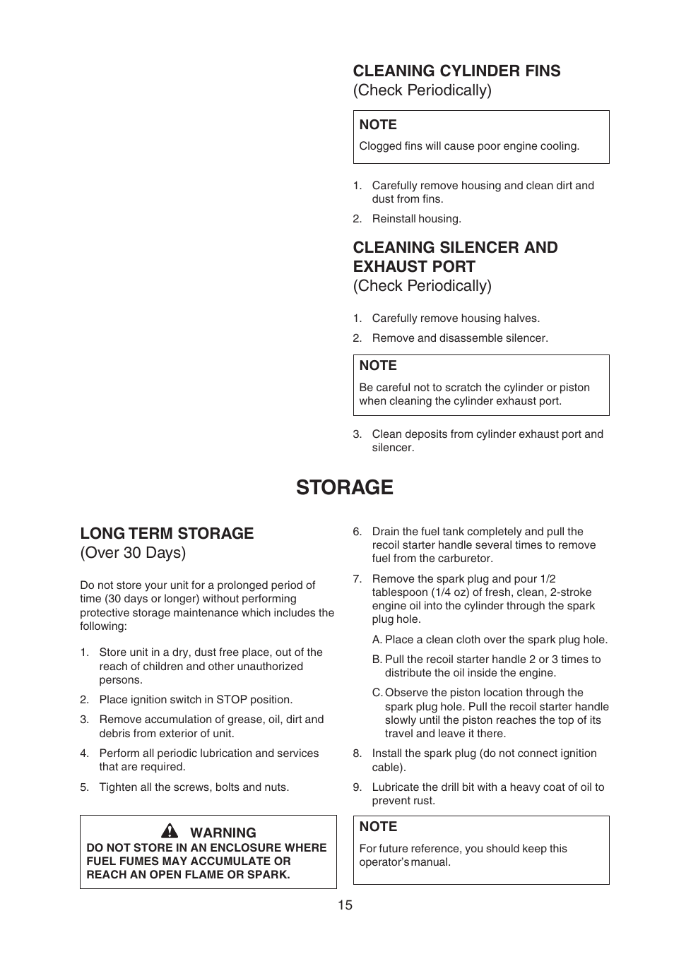 Storage, Cleaning cylinder fins (check periodically), Long term storage (over 30 days) | Echo EDR-210 User Manual | Page 17 / 20
