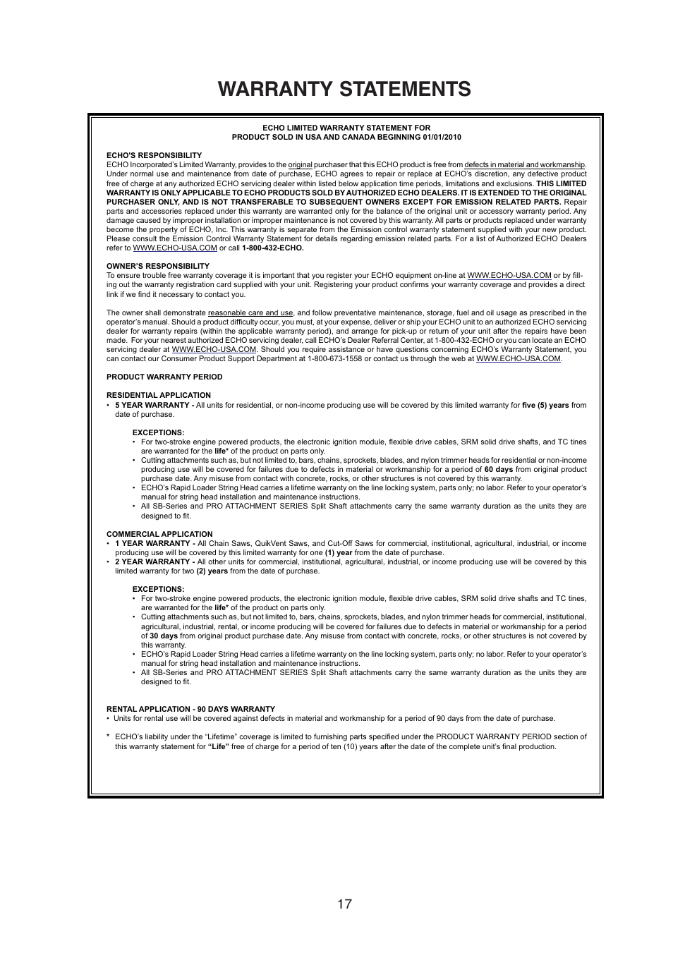 Warranty statements | Echo EDR-210 User Manual | Page 19 / 20
