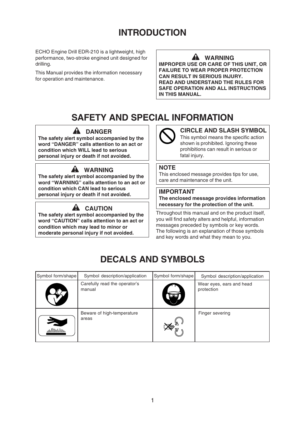 Introduction, Safety and special information, Decals and symbols | Echo EDR-210 User Manual | Page 3 / 20