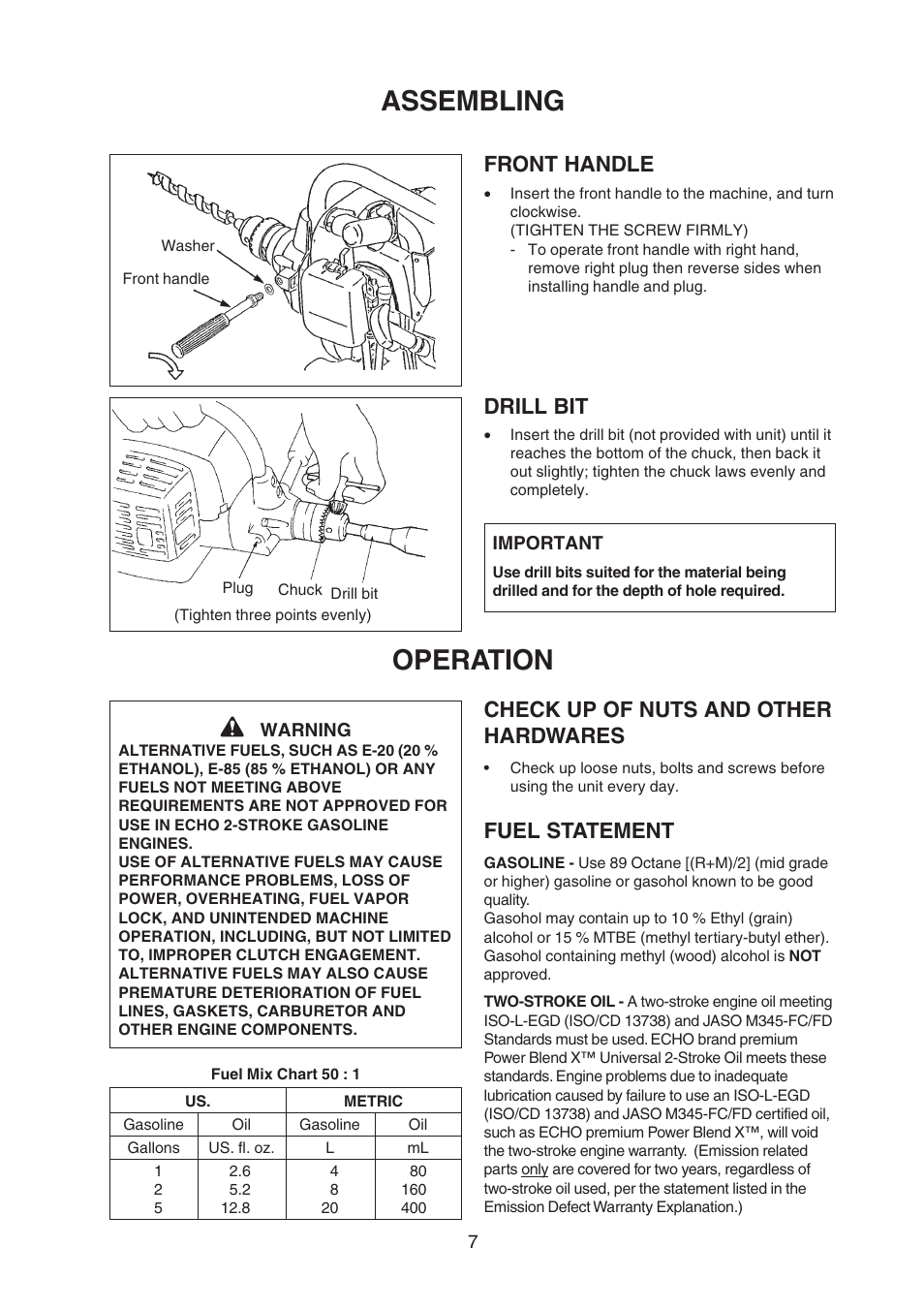 Assembling, Operation, Front handle drill bit | Check up of nuts and other hardwares, Fuel statement | Echo EDR-210 User Manual | Page 9 / 20