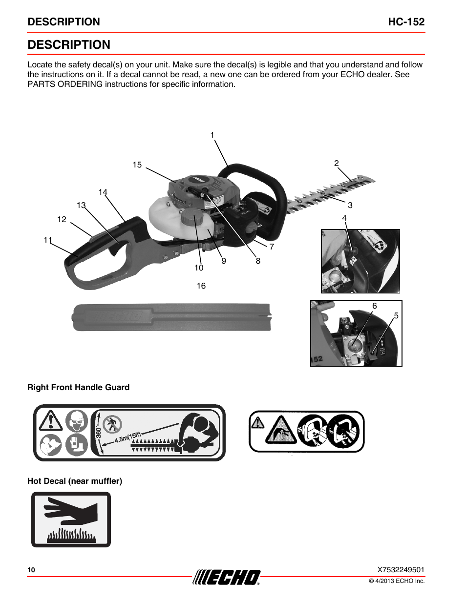 Description, Description hc-152 | Echo HC-152 User Manual | Page 10 / 36