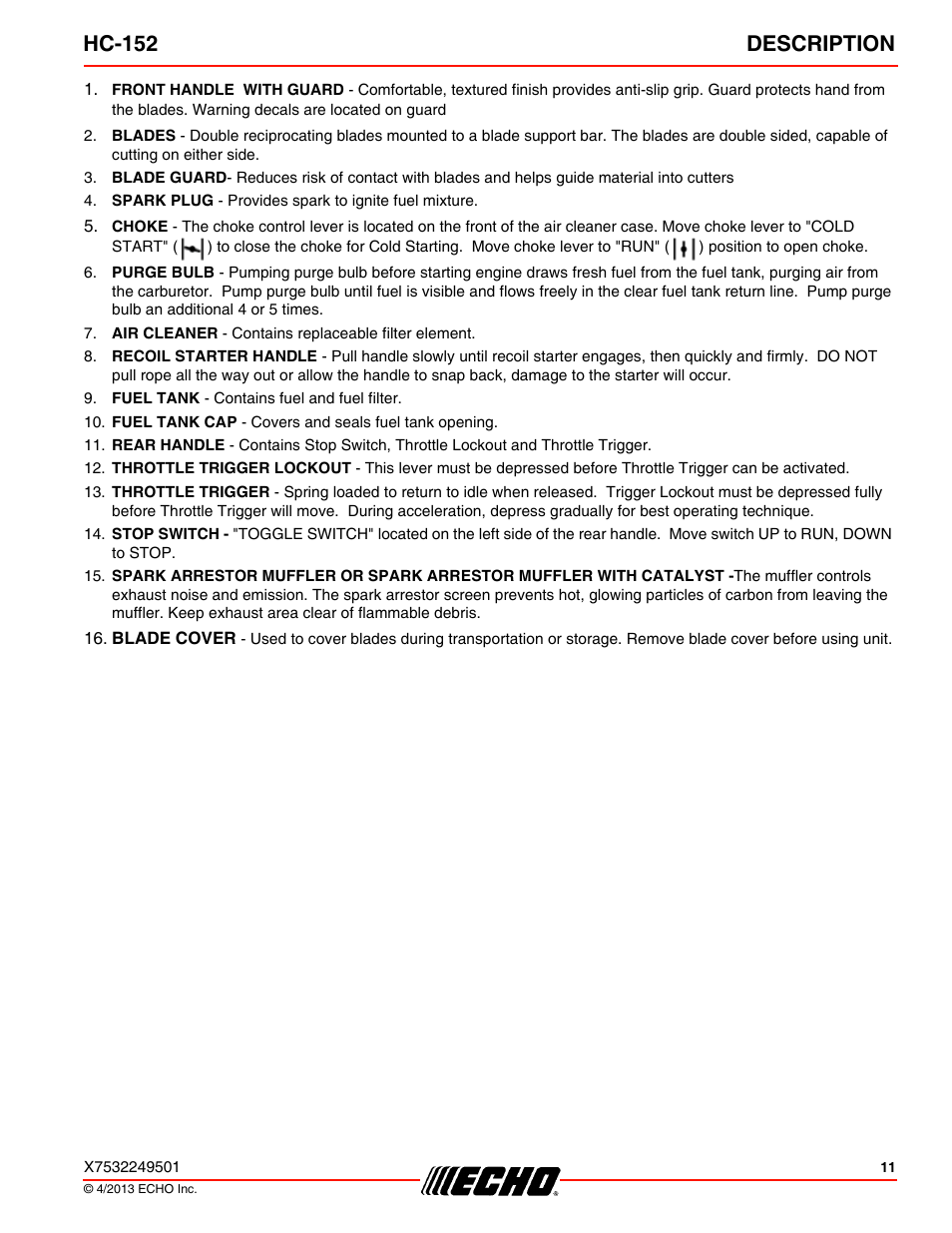 Hc-152 description | Echo HC-152 User Manual | Page 11 / 36