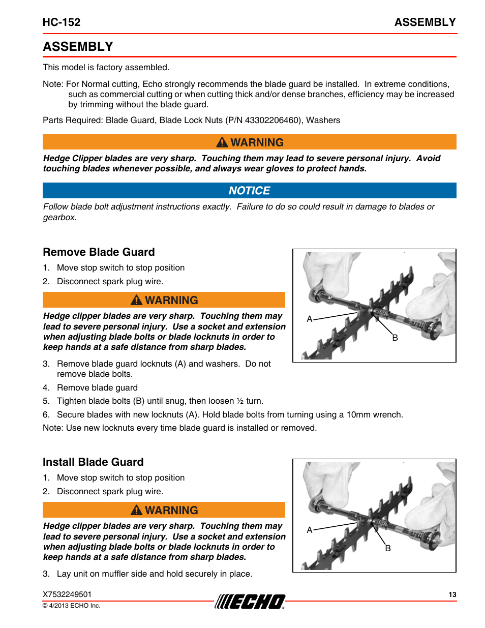 Assembly, Remove blade guard, Install blade guard | Remove blade guard install blade guard, Hc-152 assembly | Echo HC-152 User Manual | Page 13 / 36