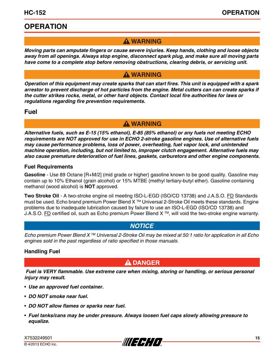 Operation, Fuel, Fuel requirements | Handling fuel, Hc-152 operation | Echo HC-152 User Manual | Page 15 / 36