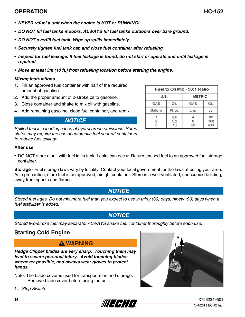 Starting cold engine, Operation hc-152 | Echo HC-152 User Manual | Page 16 / 36