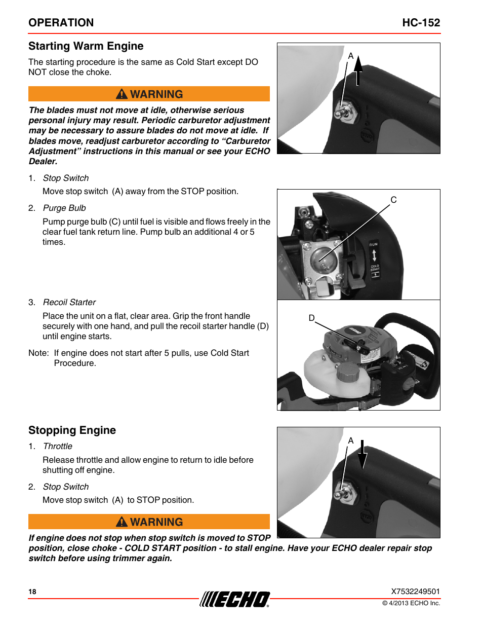 Starting warm engine, Stopping engine, Starting warm engine stopping engine | Operation hc-152 starting warm engine | Echo HC-152 User Manual | Page 18 / 36