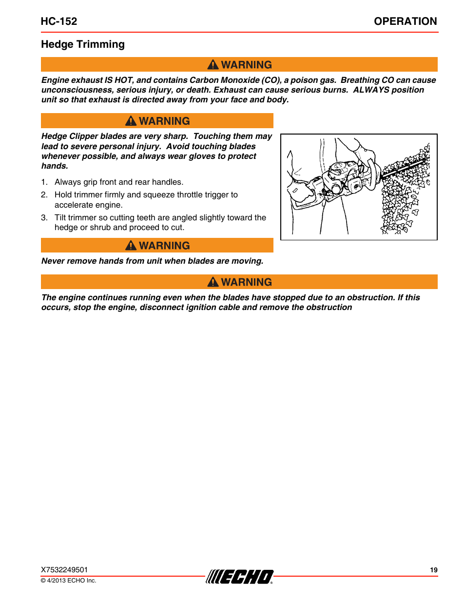 Hedge trimming, Hc-152 operation | Echo HC-152 User Manual | Page 19 / 36