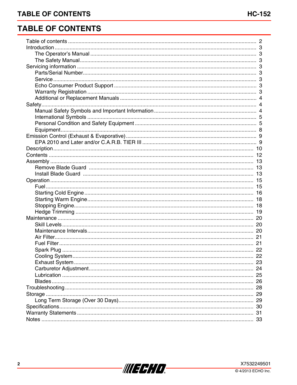 Echo HC-152 User Manual | Page 2 / 36