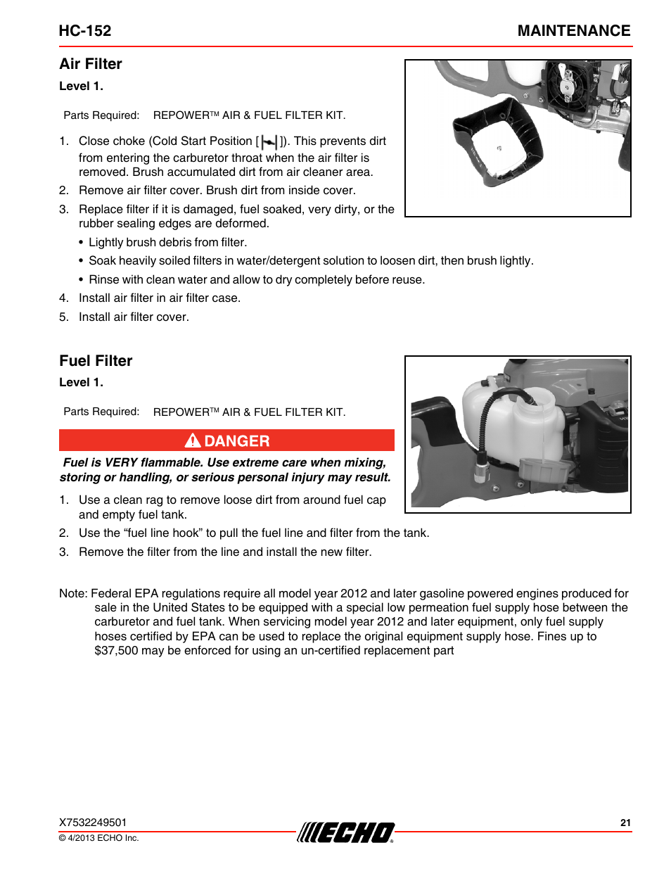 Air filter, Fuel filter, Air filter fuel filter | Hc-152 maintenance | Echo HC-152 User Manual | Page 21 / 36