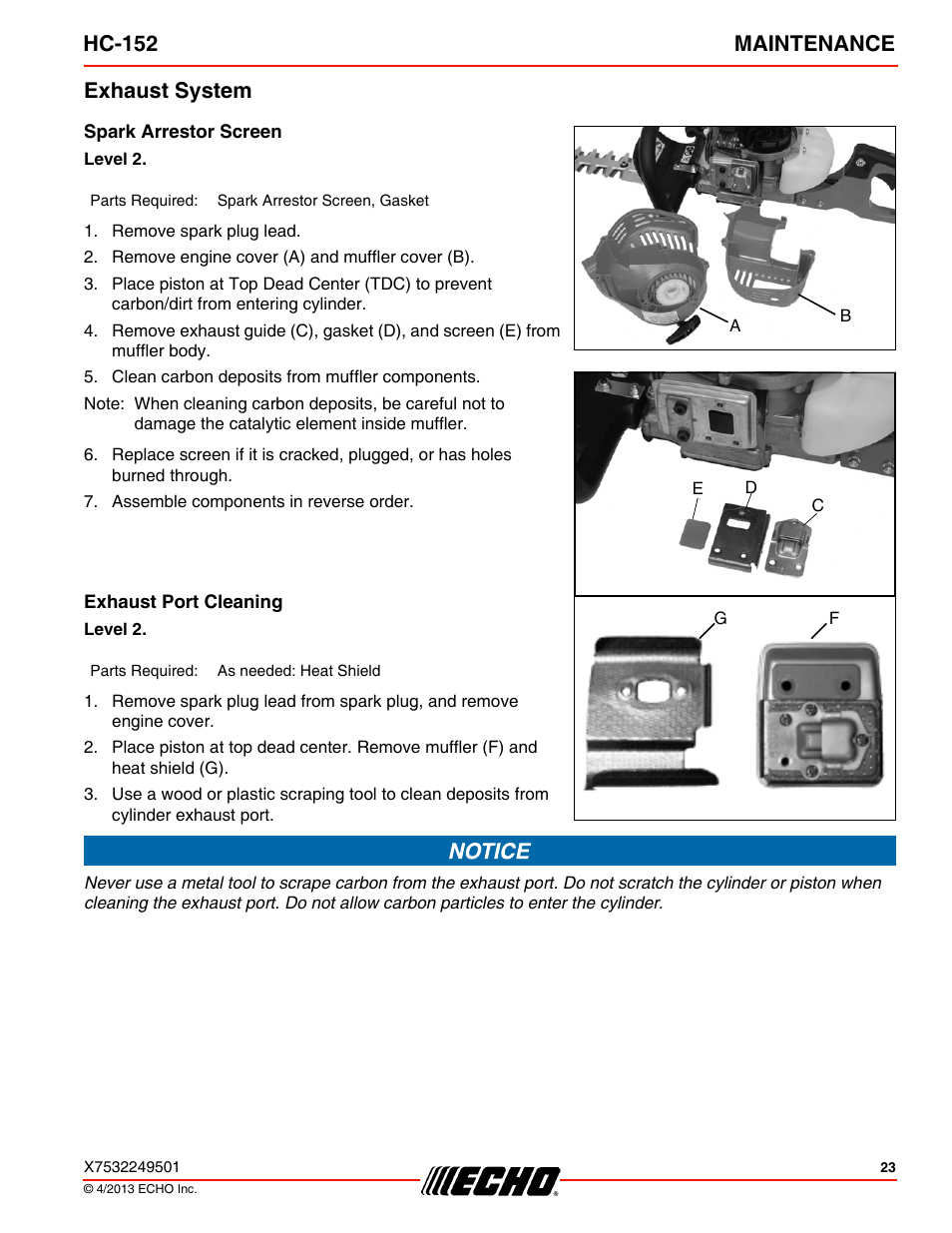 Exhaust system, Spark arrestor screen, Exhaust port cleaning | Hc-152 maintenance | Echo HC-152 User Manual | Page 23 / 36