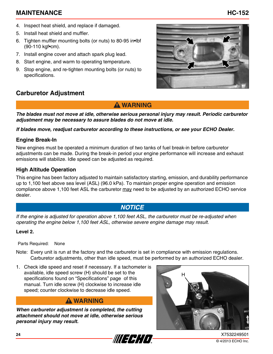 Carburetor adjustment, Engine break-in, High altitude operation | Maintenance hc-152 | Echo HC-152 User Manual | Page 24 / 36