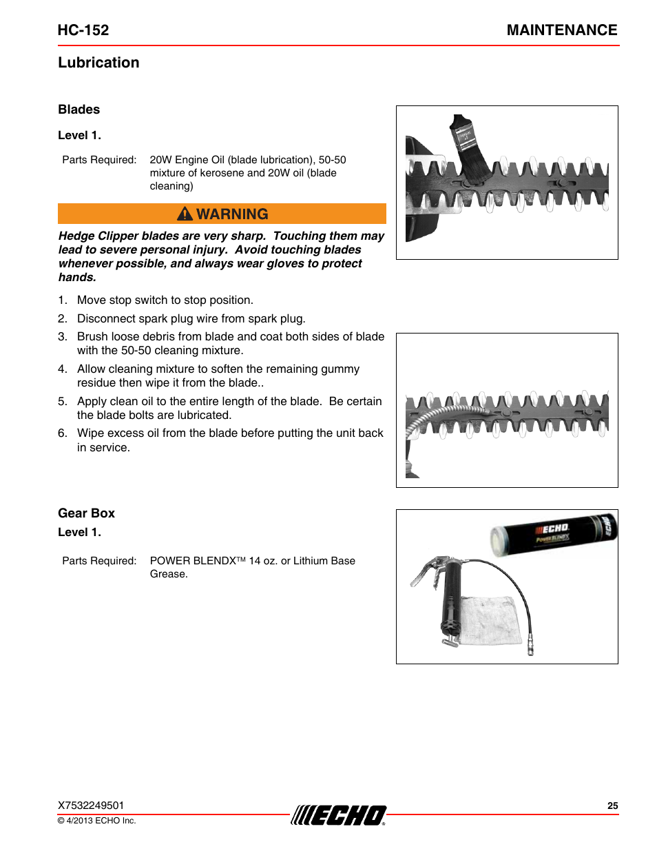 Lubrication, Blades, Level 1 | Gear box, Hc-152 maintenance | Echo HC-152 User Manual | Page 25 / 36