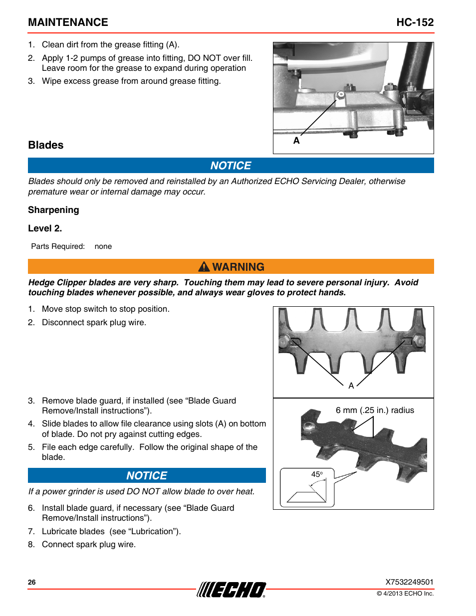 Blades, Sharpening, Level 2 | Maintenance hc-152 | Echo HC-152 User Manual | Page 26 / 36