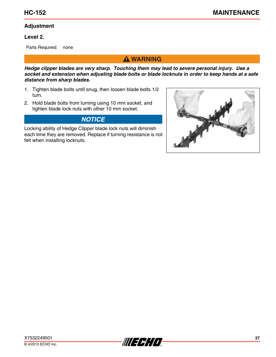 Adjustment, Level 2, Hc-152 maintenance | Echo HC-152 User Manual | Page 27 / 36