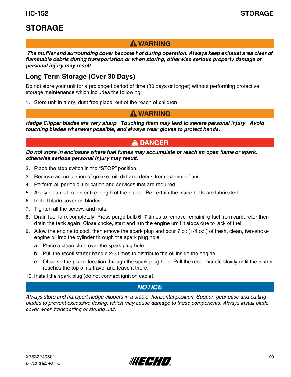 Storage, Long term storage (over 30 days), Hc-152 storage | Echo HC-152 User Manual | Page 29 / 36