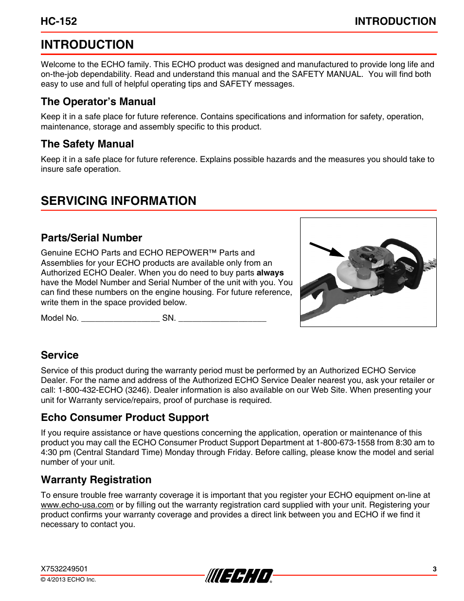 Introduction, The operator’s manual, The safety manual | Servicing information, Parts/serial number, Service, Echo consumer product support, Warranty registration, The operator’s manual the safety manual | Echo HC-152 User Manual | Page 3 / 36