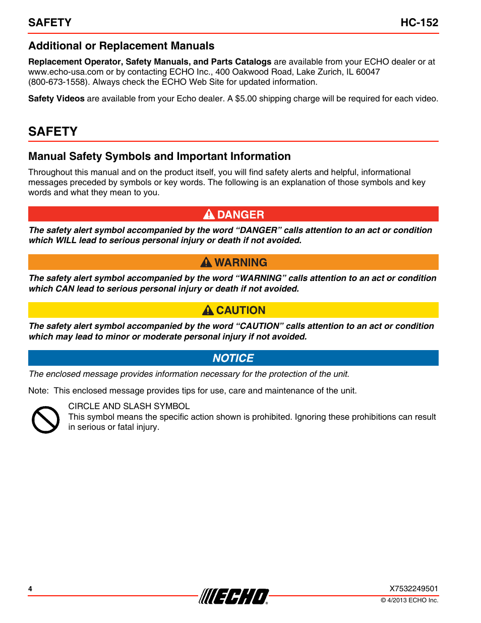 Additional or replacement manuals, Safety, Manual safety symbols and important information | Echo HC-152 User Manual | Page 4 / 36