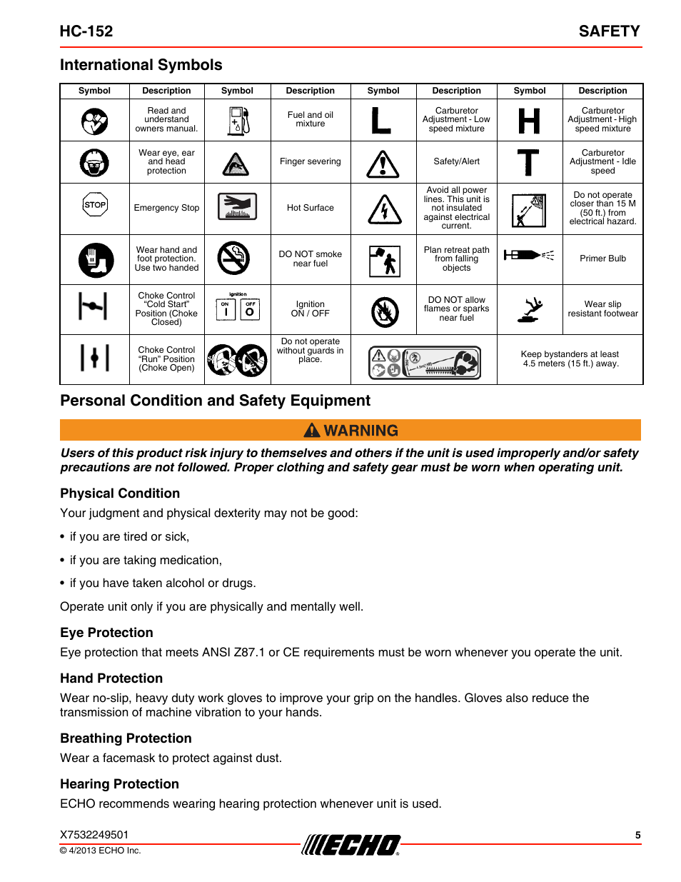 International symbols, Personal condition and safety equipment, Physical condition | Eye protection, Hand protection, Breathing protection, Hearing protection, Hc-152 safety, Wear a facemask to protect against dust | Echo HC-152 User Manual | Page 5 / 36