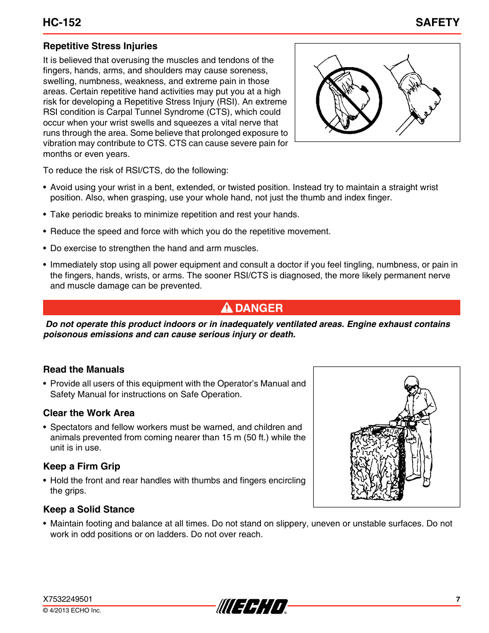 Repetitive stress injuries, Read the manuals, Clear the work area | Keep a firm grip, Keep a solid stance, Hc-152 safety | Echo HC-152 User Manual | Page 7 / 36