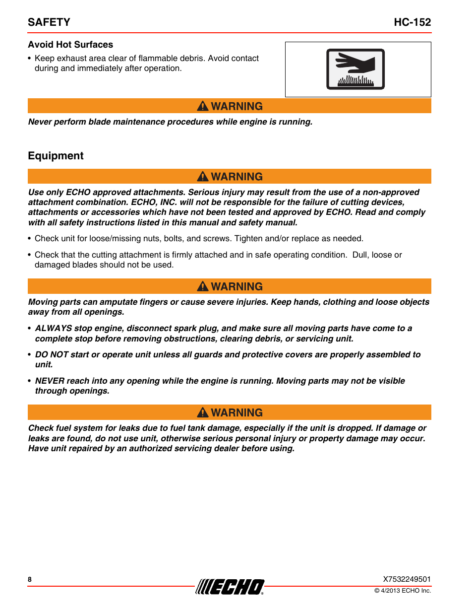 Avoid hot surfaces, Equipment, Safety hc-152 | Echo HC-152 User Manual | Page 8 / 36