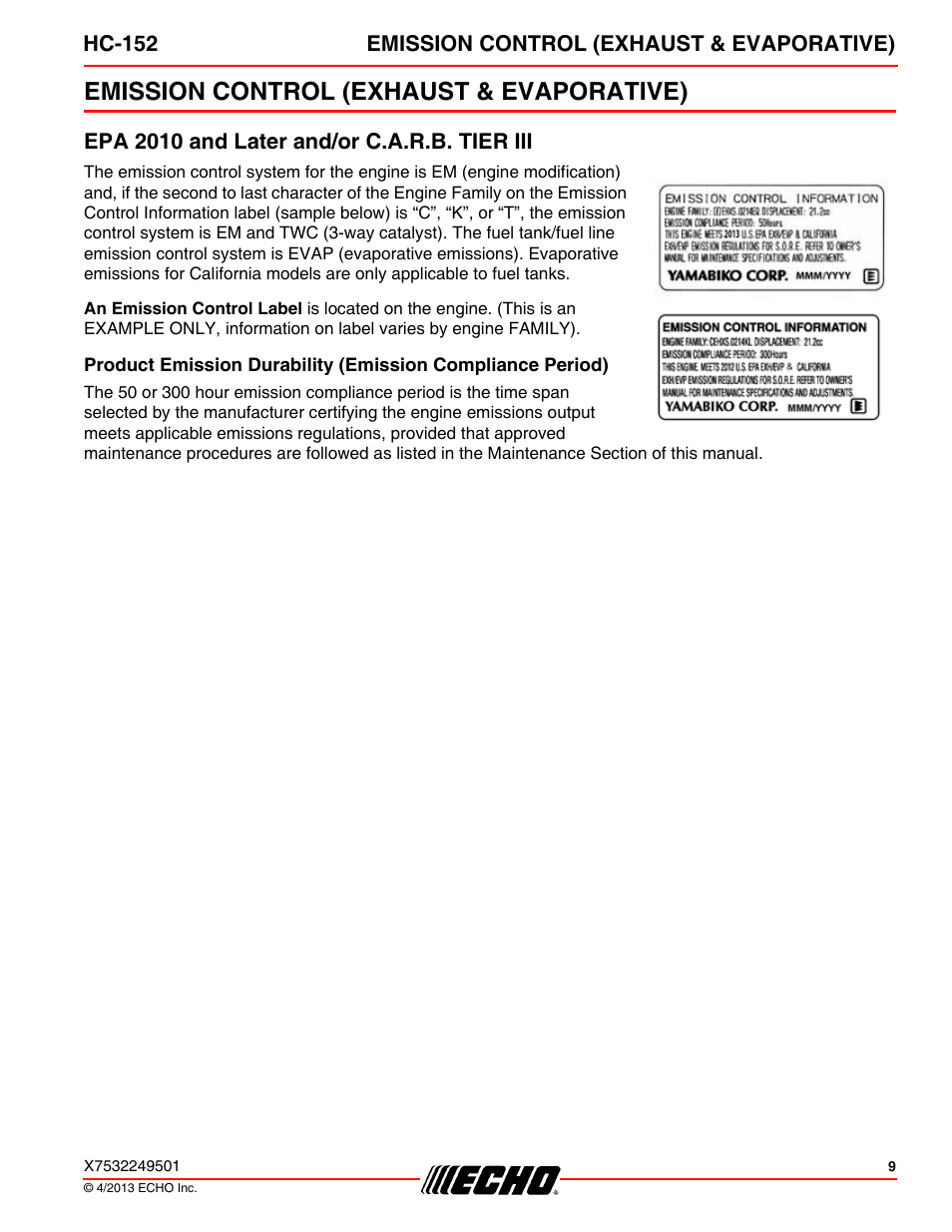 Emission control (exhaust & evaporative), Epa 2010 and later and/or c.a.r.b. tier iii | Echo HC-152 User Manual | Page 9 / 36