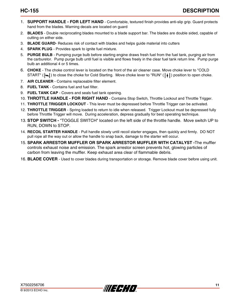 Hc-155 description | Echo HC-155 User Manual | Page 11 / 36