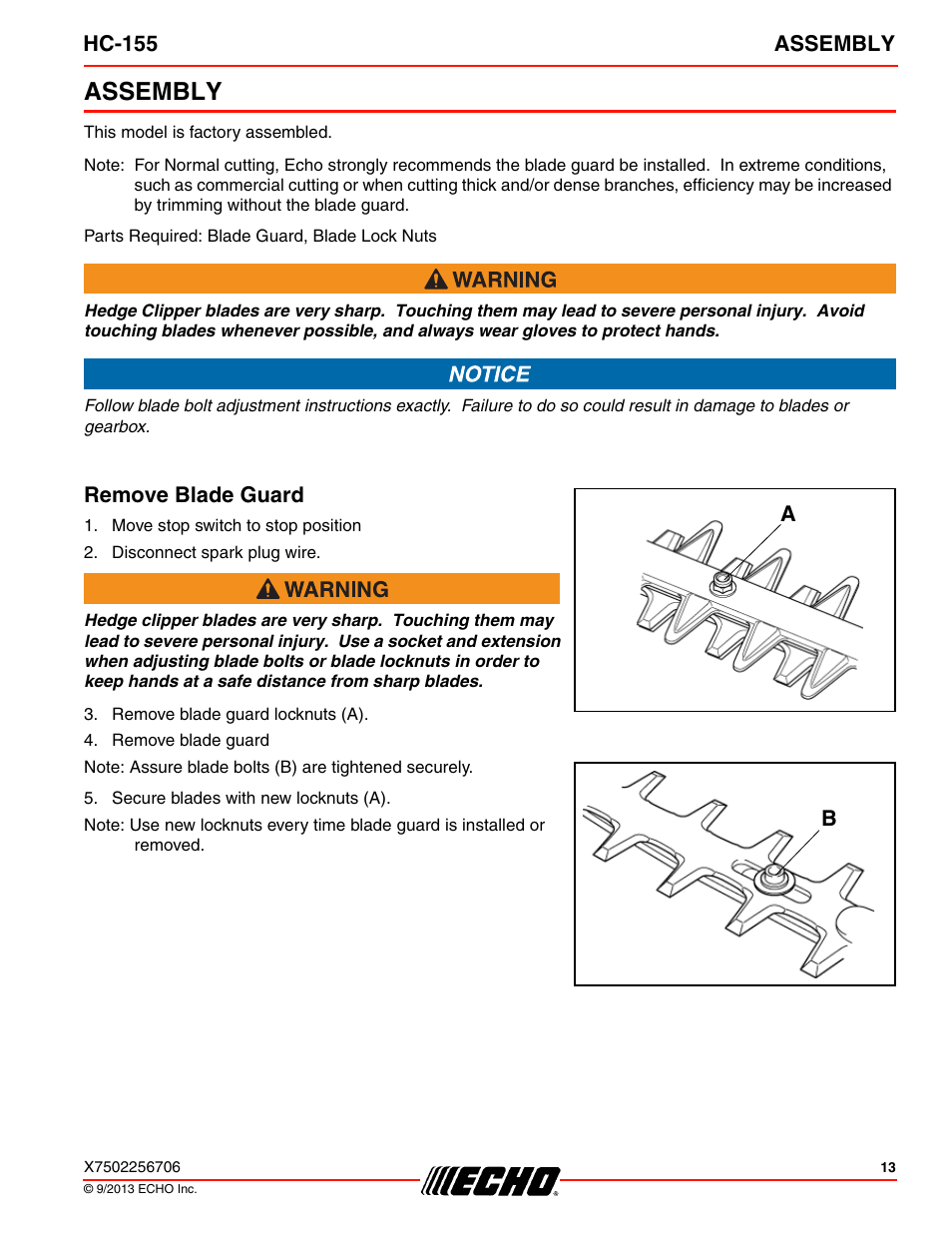 Assembly, Remove blade guard | Echo HC-155 User Manual | Page 13 / 36