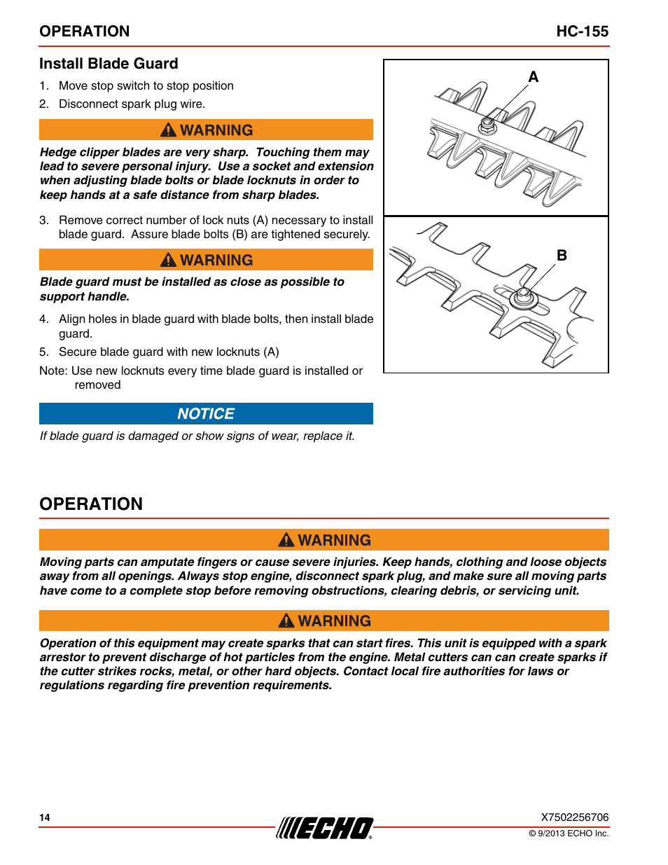 Install blade guard, Operation | Echo HC-155 User Manual | Page 14 / 36