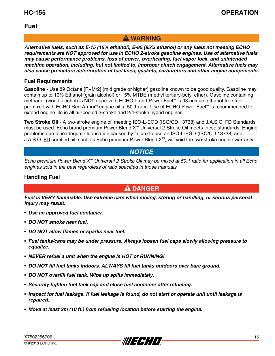 Fuel, Fuel requirements, Handling fuel | Hc-155 operation | Echo HC-155 User Manual | Page 15 / 36