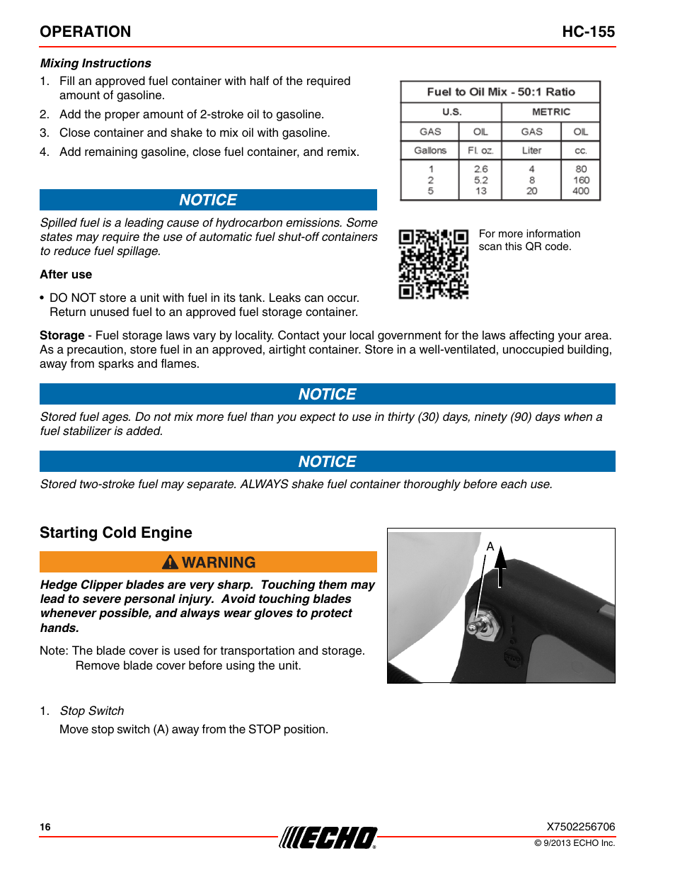Starting cold engine, Operation hc-155 | Echo HC-155 User Manual | Page 16 / 36