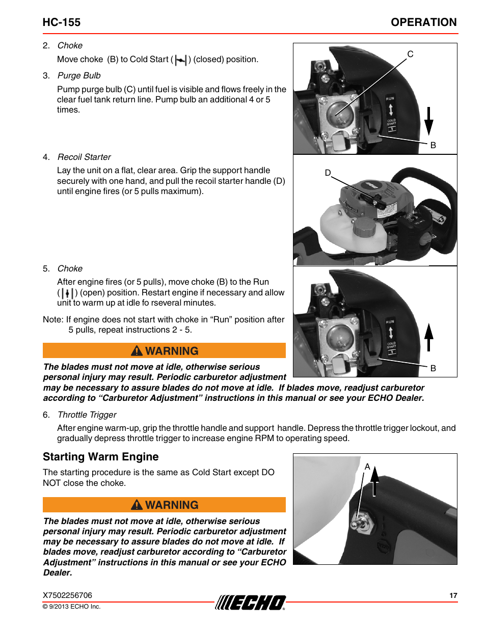 Starting warm engine, Hc-155 operation | Echo HC-155 User Manual | Page 17 / 36