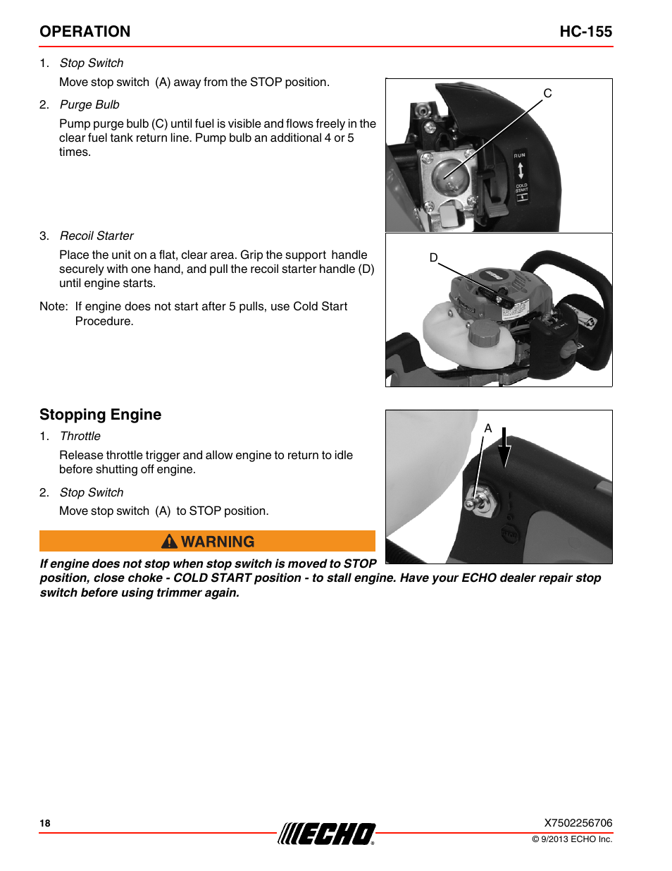Stopping engine, Operation hc-155 | Echo HC-155 User Manual | Page 18 / 36