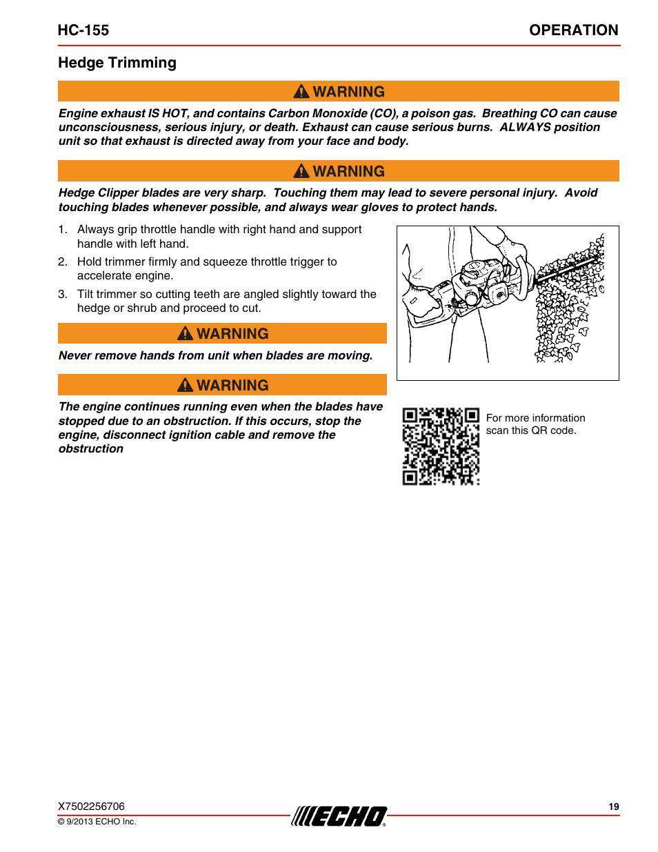 Hedge trimming, Hc-155 operation | Echo HC-155 User Manual | Page 19 / 36