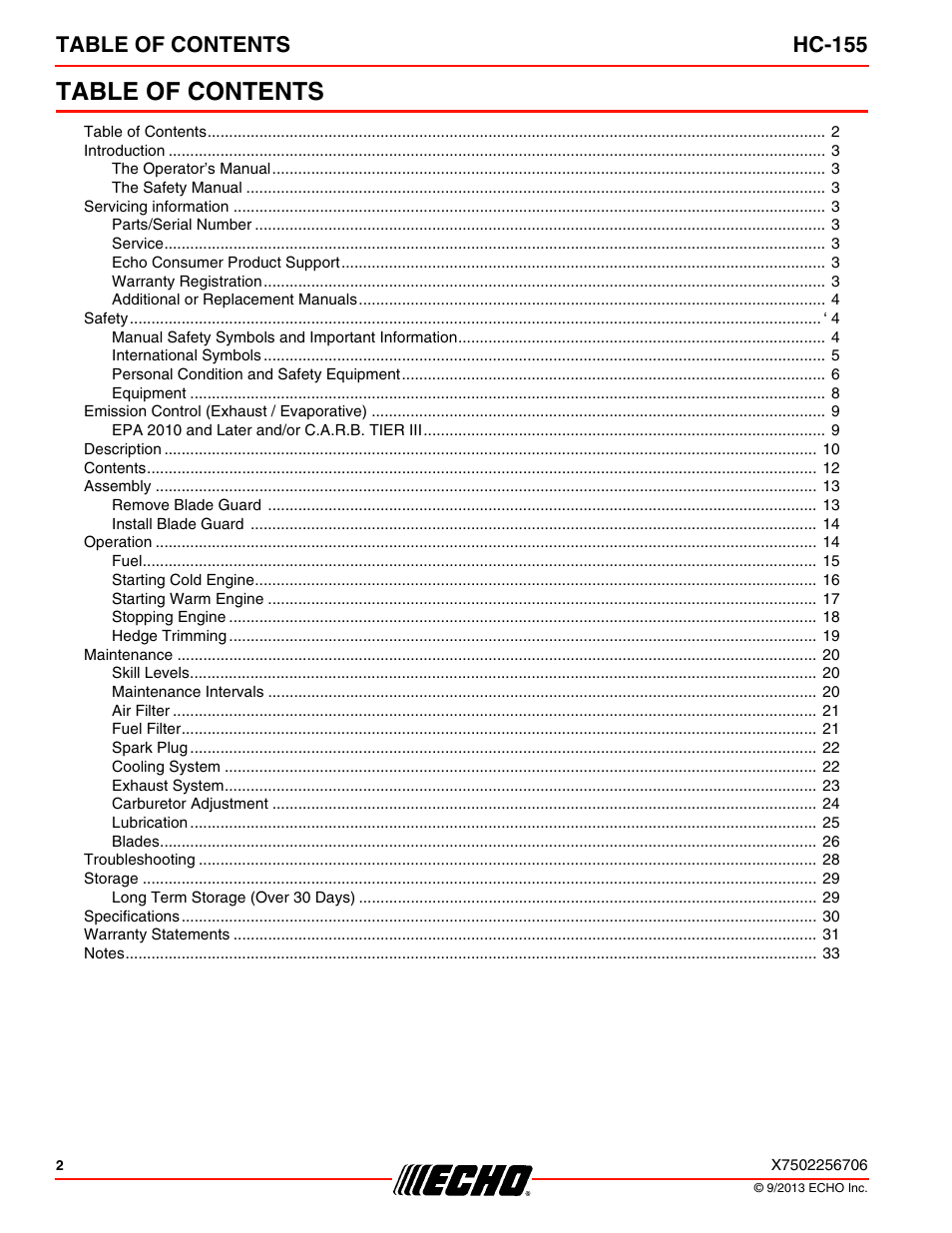 Echo HC-155 User Manual | Page 2 / 36