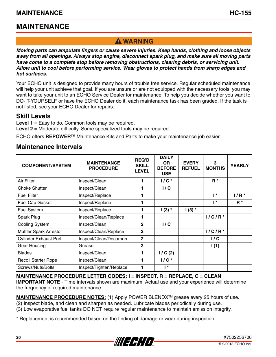 Maintenance, Skill levels, Maintenance intervals | Skill levels maintenance intervals, Maintenance hc-155 | Echo HC-155 User Manual | Page 20 / 36