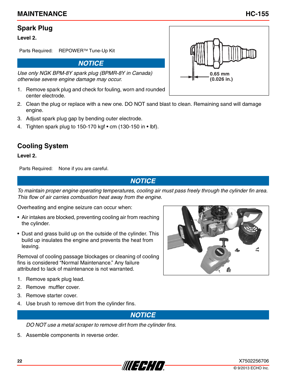 Spark plug, Cooling system, Spark plug cooling system | Maintenance hc-155 spark plug | Echo HC-155 User Manual | Page 22 / 36
