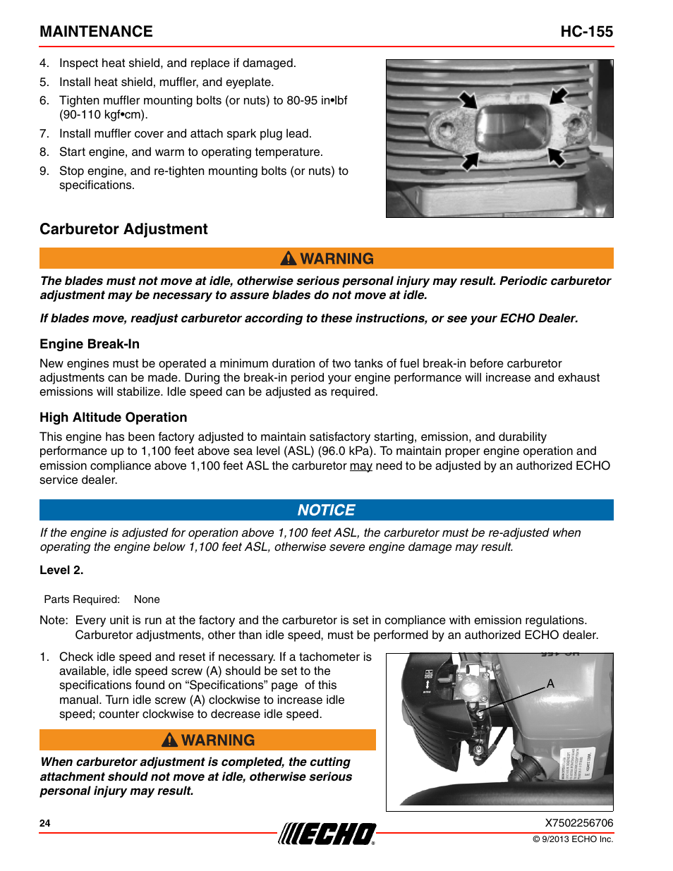 Carburetor adjustment, Engine break-in, High altitude operation | Maintenance hc-155 | Echo HC-155 User Manual | Page 24 / 36