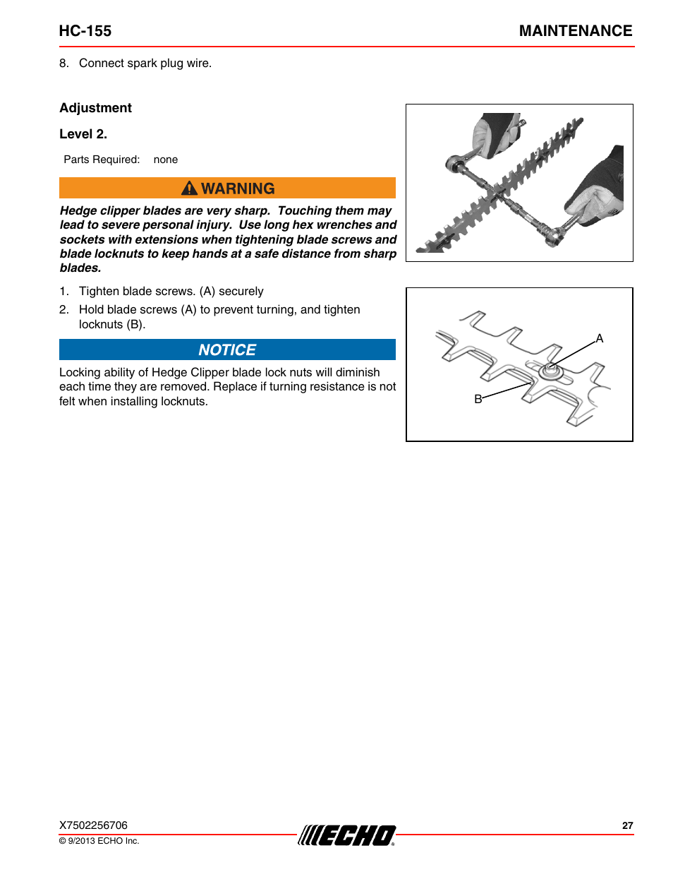 Adjustment, Level 2, Hc-155 maintenance | Echo HC-155 User Manual | Page 27 / 36