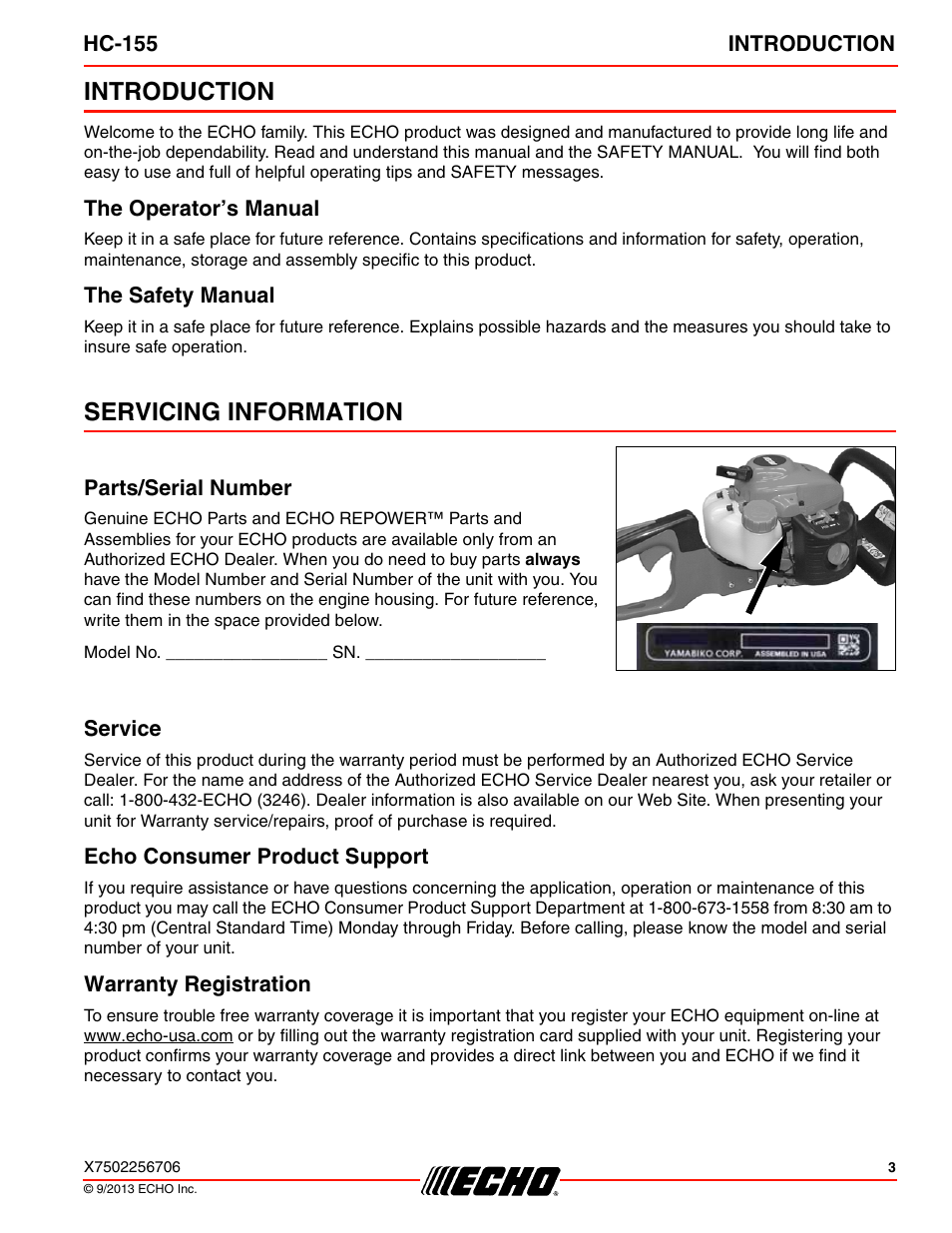 Introduction, The operator’s manual, The safety manual | Servicing information, Parts/serial number, Service, Echo consumer product support, Warranty registration, The operator’s manual the safety manual | Echo HC-155 User Manual | Page 3 / 36