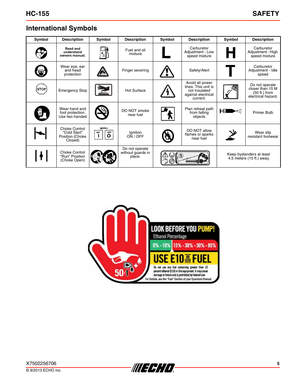 International symbols, Hc-155 safety | Echo HC-155 User Manual | Page 5 / 36