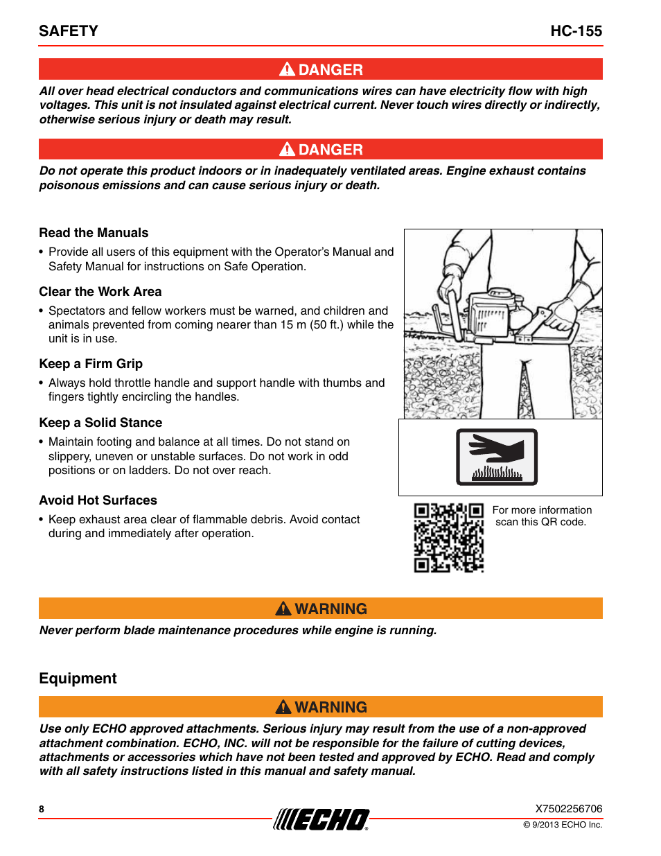 Read the manuals, Clear the work area, Keep a firm grip | Keep a solid stance, Avoid hot surfaces, Equipment, Safety hc-155 | Echo HC-155 User Manual | Page 8 / 36