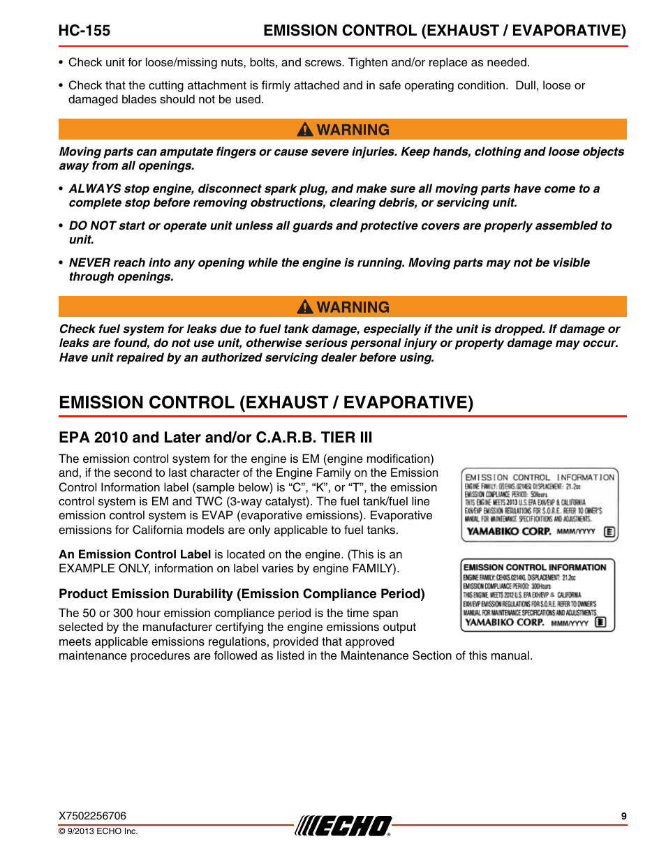 Emission control (exhaust / evaporative), Epa 2010 and later and/or c.a.r.b. tier iii, Hc-155 emission control (exhaust / evaporative) | Echo HC-155 User Manual | Page 9 / 36