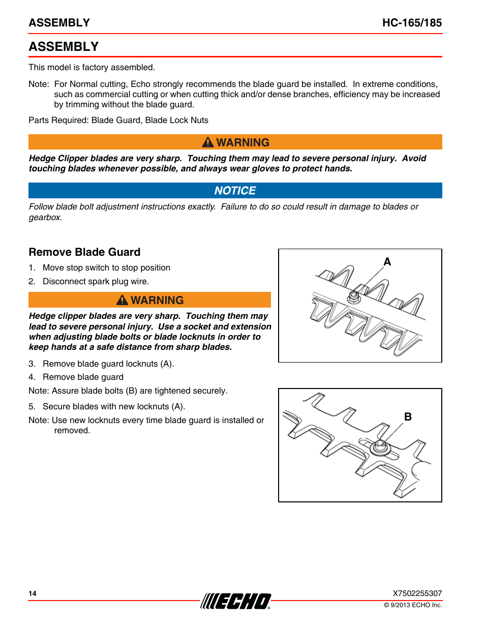 Assembly, Remove blade guard | Echo HC-185 User Manual | Page 14 / 36